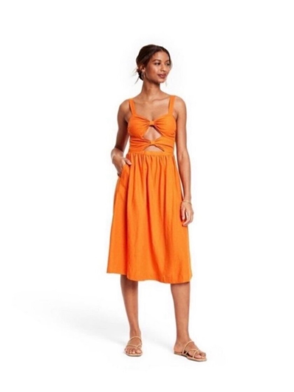 Orange Cutout Midi Dress - Sleeveless Summer Style